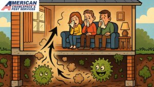 Illustration showing mold spores and dust rising into a home’s living space