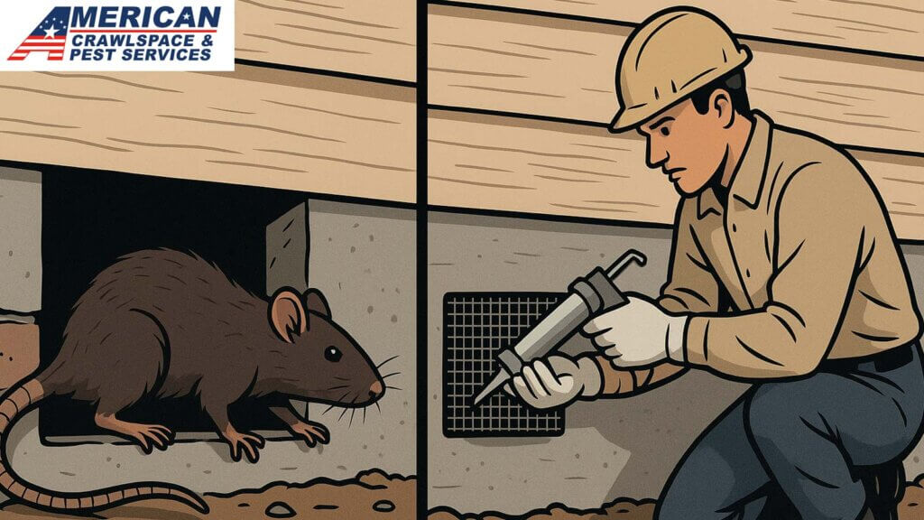 Rodent exclusion concept shown in comic style—rat sneaking in, followed by technician blocking the entry