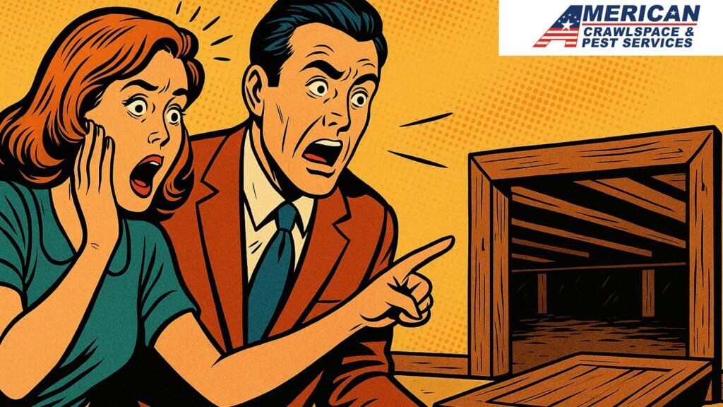 Illustration of couple discovering crawlspace issues, fearful of crawlspace costs in Seattle