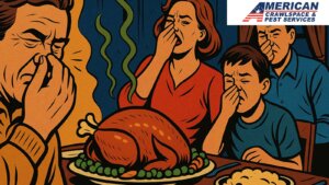 Thanksgiving scene with a family reacting to a bad odor during dinner, implying attic or crawlspace issues