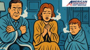 Family bundled up inside a cold home with visible breath, suggesting inadequate attic insulation and rising energy costs