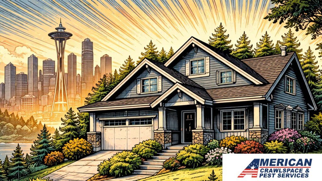 Stylized Seattle house with skyline in the background symbolizing a locally owned crawl space company