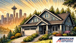Stylized Seattle house with skyline in the background symbolizing a locally owned crawl space company