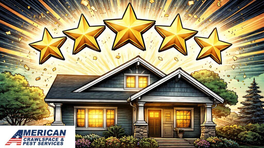 Dynamic illustration of attic insulation success, shown with glowing five-star comic graphics