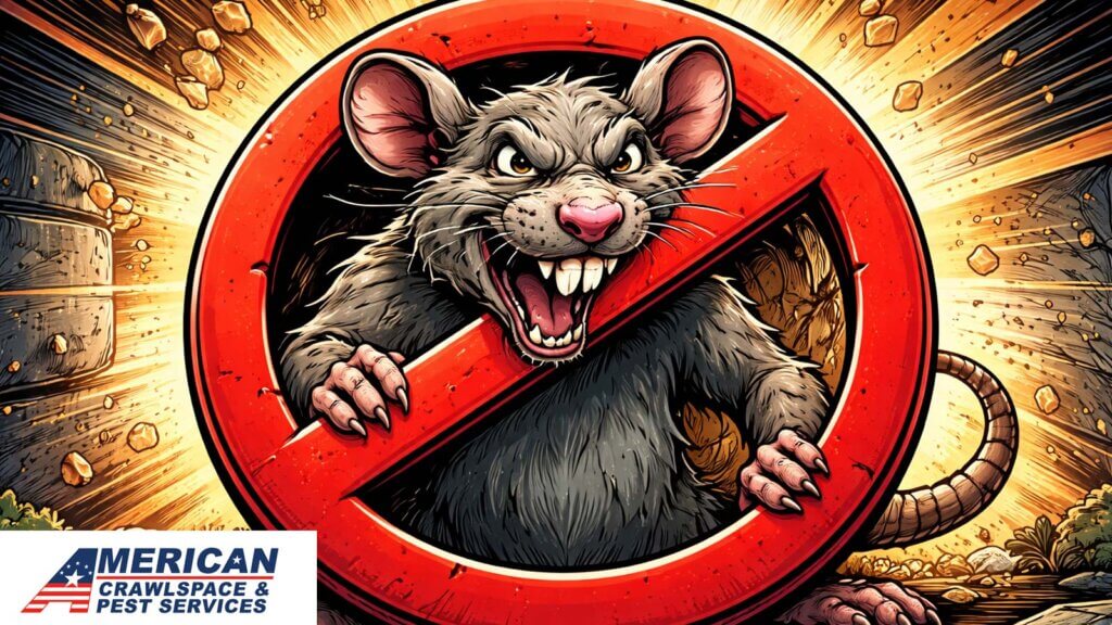 Comic image of a rodent blocked from entering a home after rodent exclusion service
