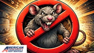 Comic image of a rodent blocked from entering a home after rodent exclusion service